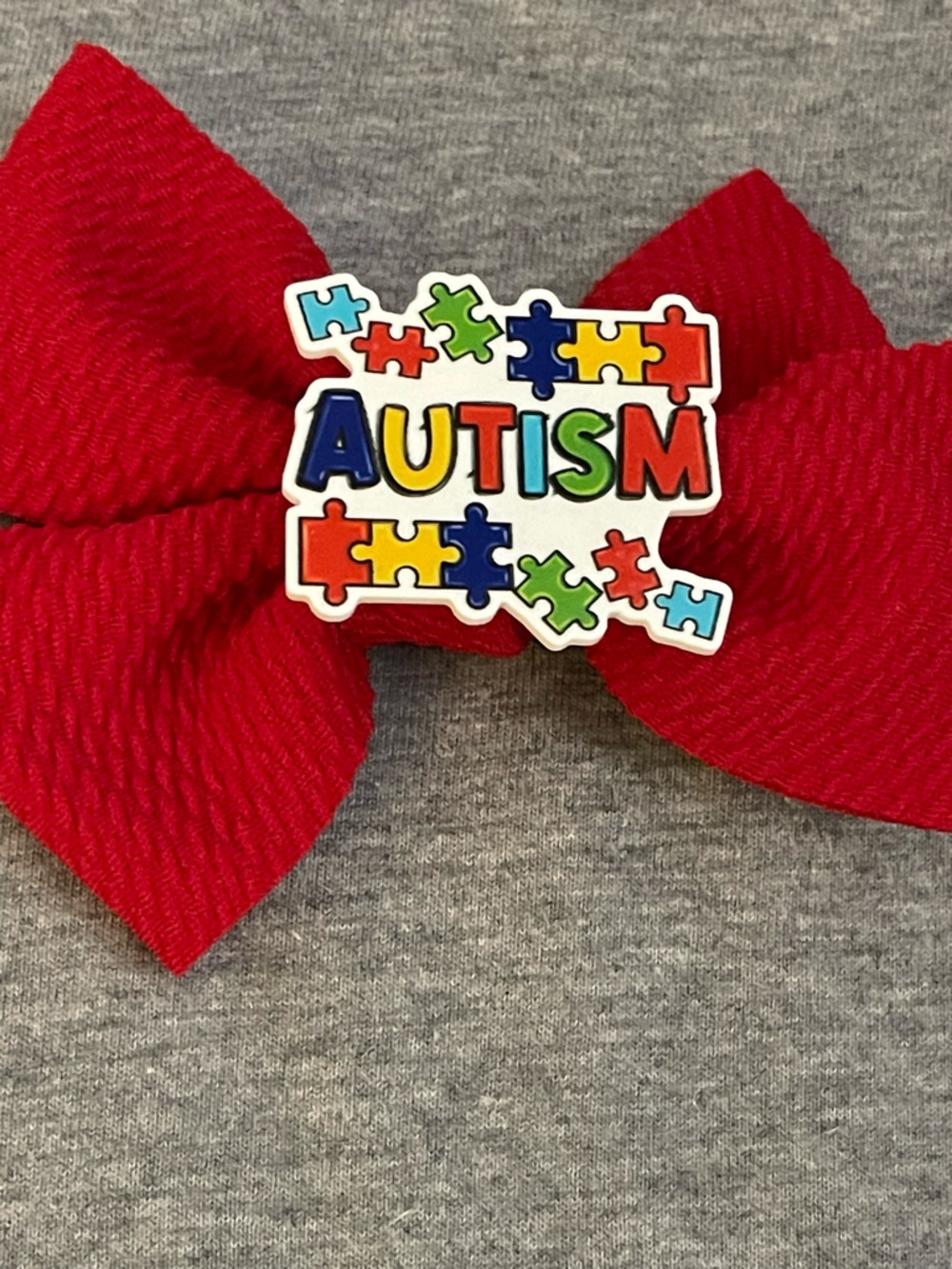 Autism Puzzle Ribbon Hair Bow - Red